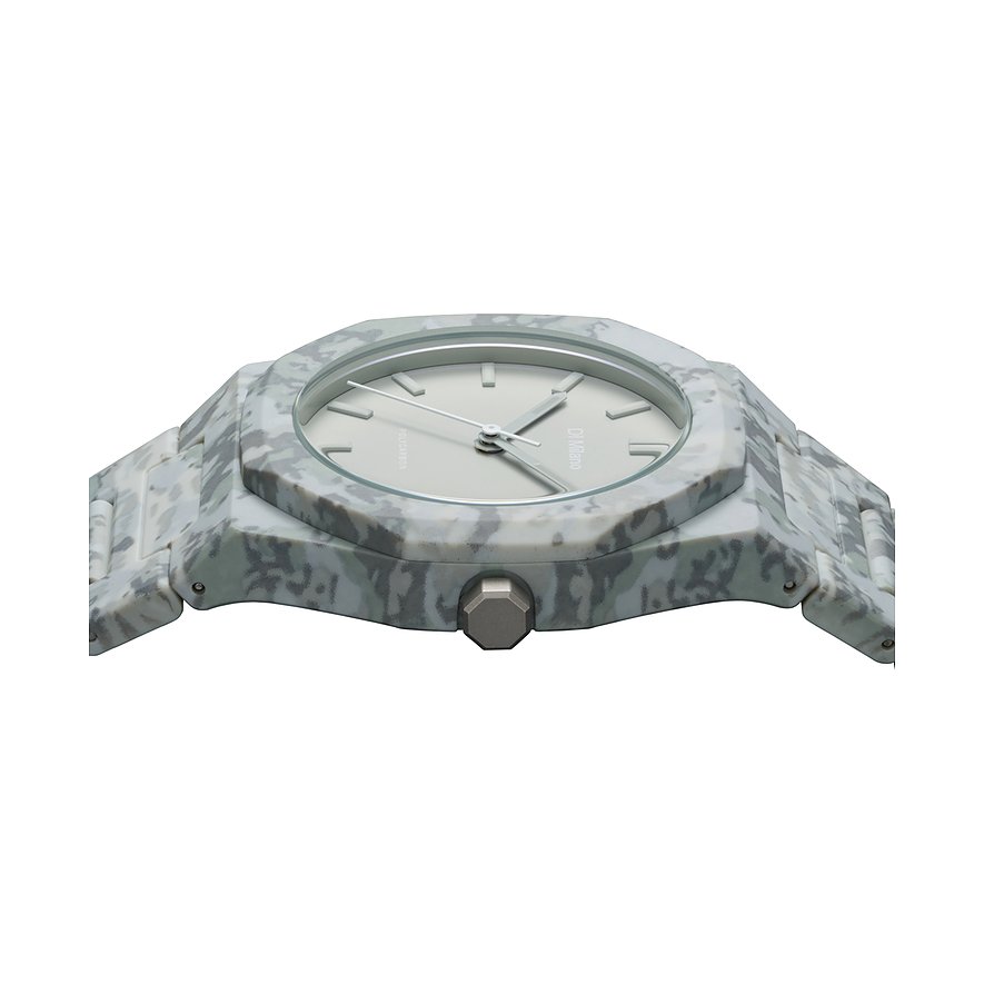 Gros plan sur la montre unisexe D1 Milano en polycarbonate motif camouflage, vue de côté.