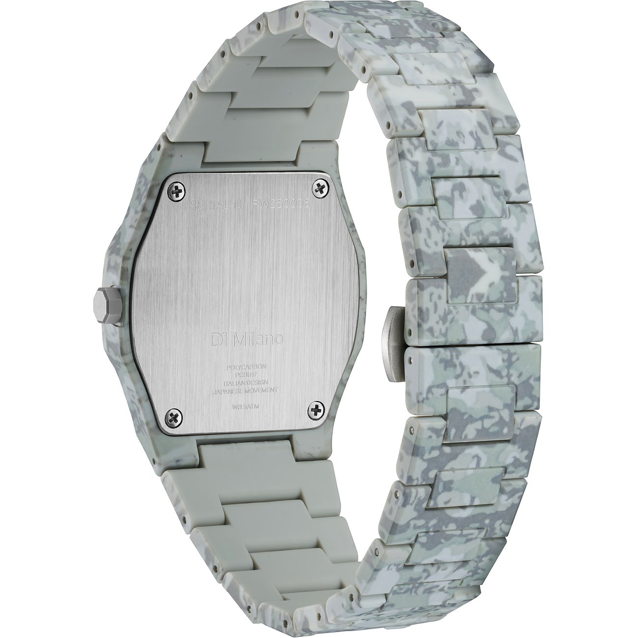 Montre D1 Milano en polycarbonate, motif camouflage vert/gris, insert métallique argenté brossé.