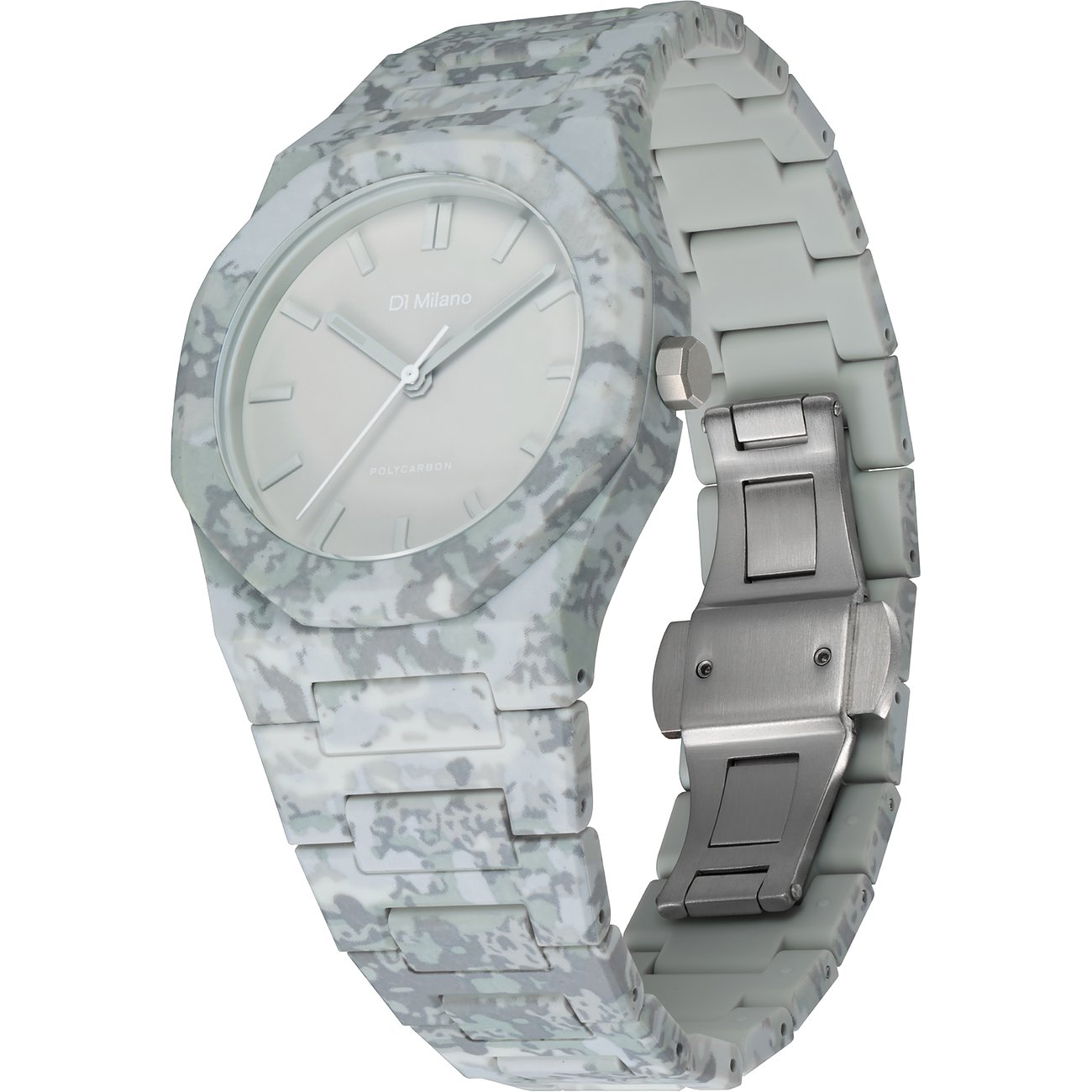 Montre unisexe D1 Milano en polycarbonate motif camouflage avec cadran gris clair.