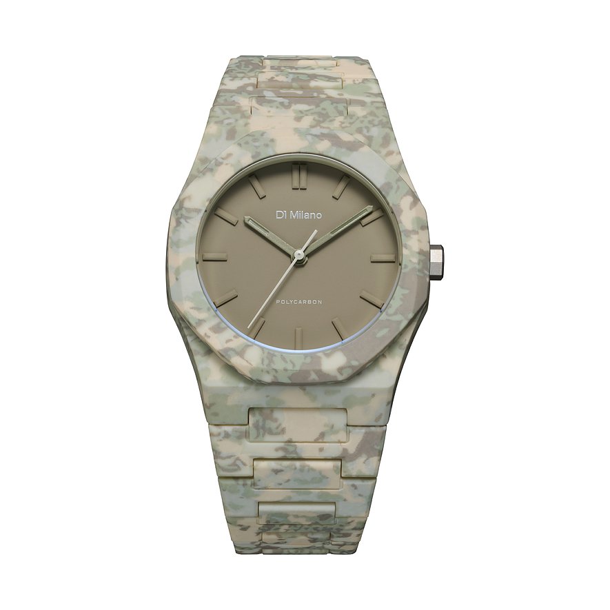 Eine D1 Milano Unisexuhr aus Polycarbonat in Camouflage-Muster, mit sandfarbenem Zifferblatt und silberfarbenen Zeigern.