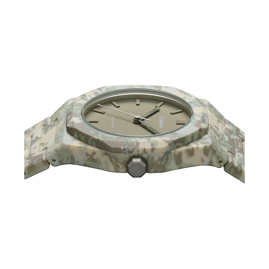 D1 Milano Unisexuhr aus Polycarbonat in Camouflage in der Seitenansicht, hebt die olivgrüne Zeituhr hervor.