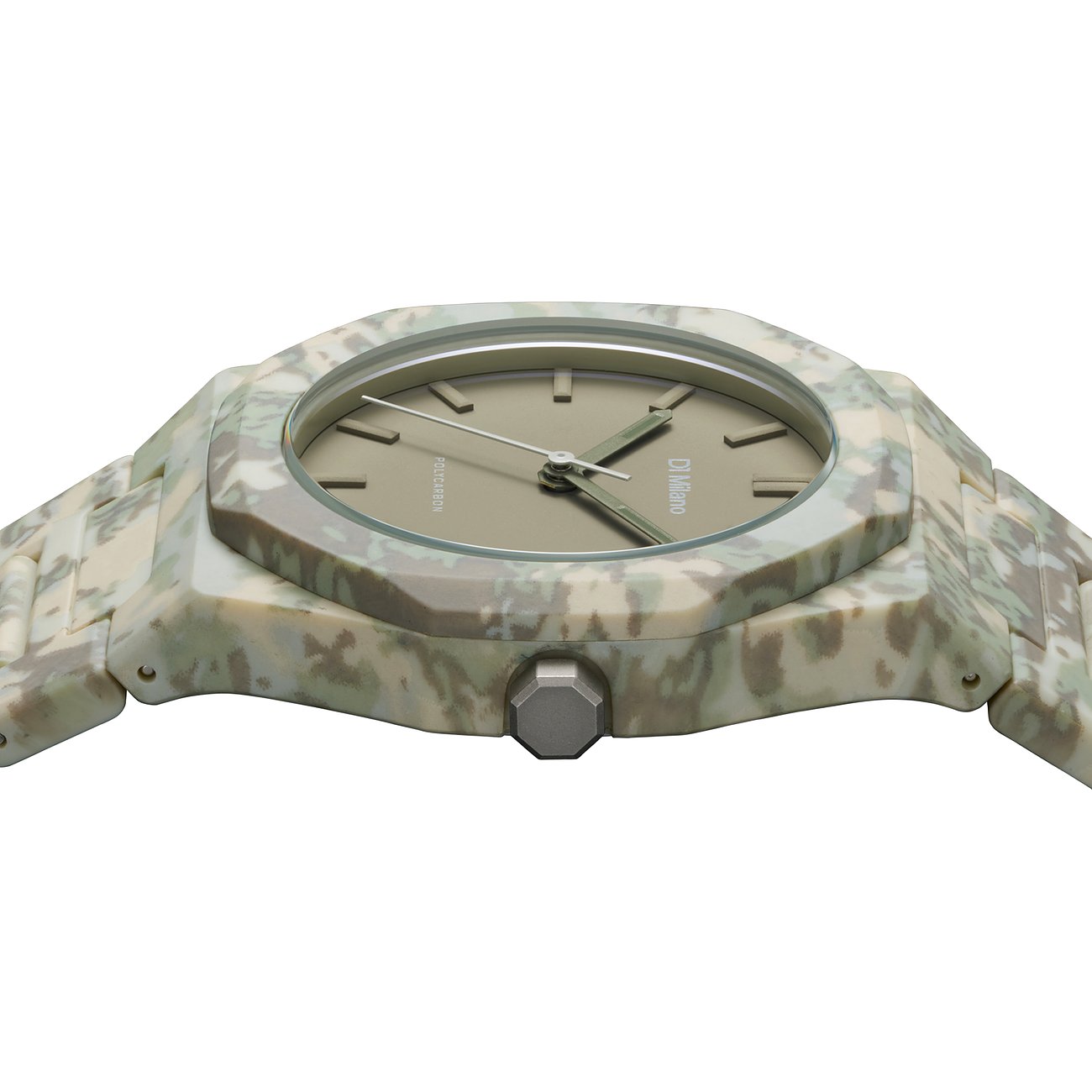 D1 Milano Unisexuhr aus Polycarbonat in Camouflage in der Seitenansicht, hebt die olivgrüne Zeituhr hervor.
