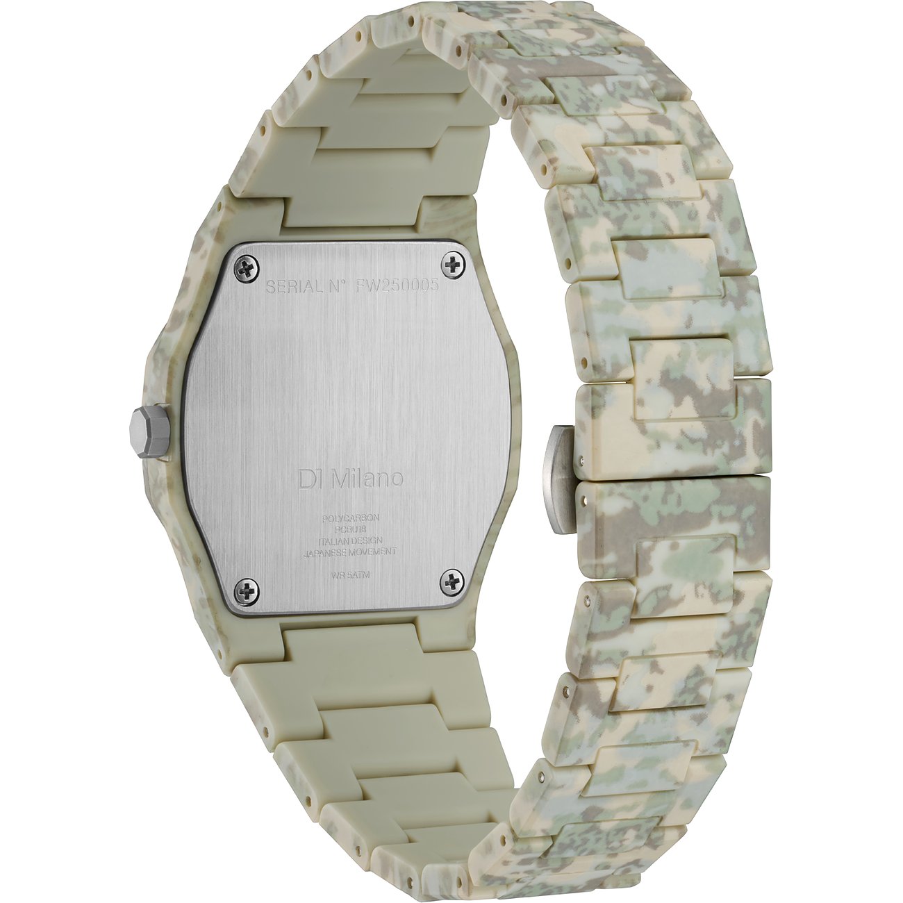 Rückansicht der Unisexuhr von D1 Milano aus beigem Polycarbonat mit Tarnmuster, mit einer silbernen Gehäusebodenplatte.