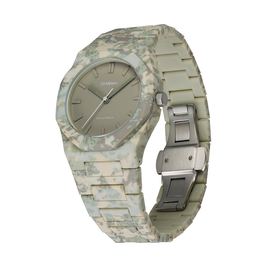 Eine D1 Milano Unisexuhr aus Polycarbonat in Camouflage-Muster, schräg von oben rechts fotografiert.