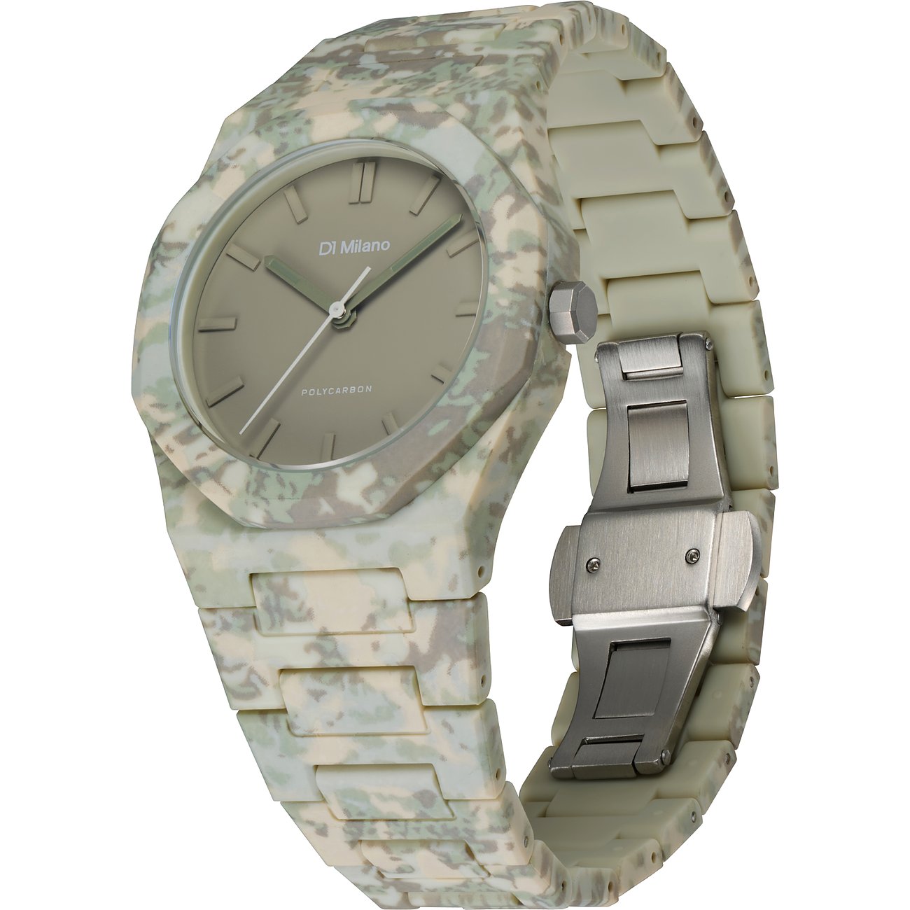 Eine D1 Milano Unisexuhr aus Polycarbonat in Camouflage-Muster, schräg von oben rechts fotografiert.