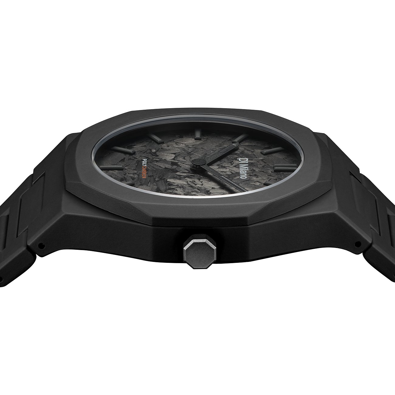 Sidovy av D1 Milano unisexklocka i polykarbonat med en mörk, mineralmönstrad urtavla.