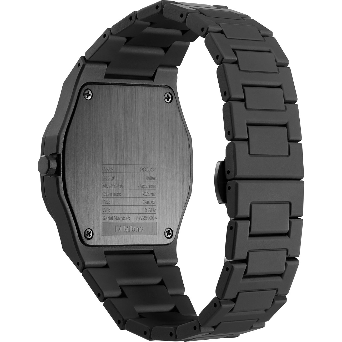 Bakifrån D1 Milano unisexklocka i svart polykarbonat med tryckt produktinformation.