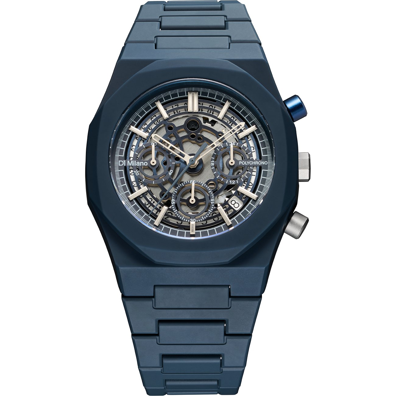 D1 Milano Herrenuhr aus blauem Polycarbonat mit dunkelblauem Riemen und sichtbarem Uhrwerk.
