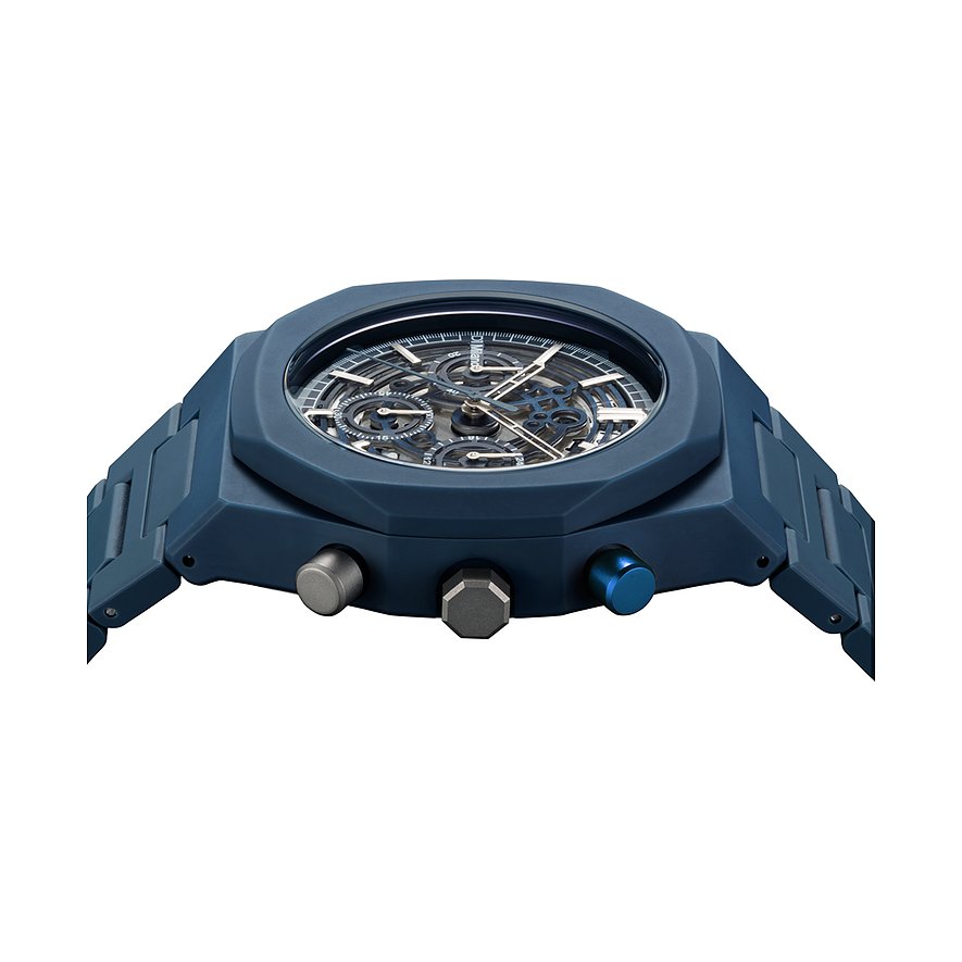 Nahaufnahme einer D1 Milano Herrenuhr aus blauem Polycarbonat mit Skelettzifferblatt und Chronographenknöpfen.