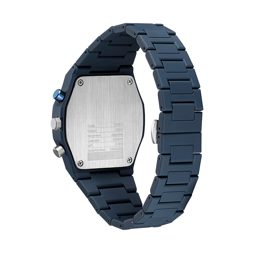 Rückansicht einer D1 Milano Herrenuhr aus blauem Polycarbonat mit einer silberfarbenen Gehäuseplatte.