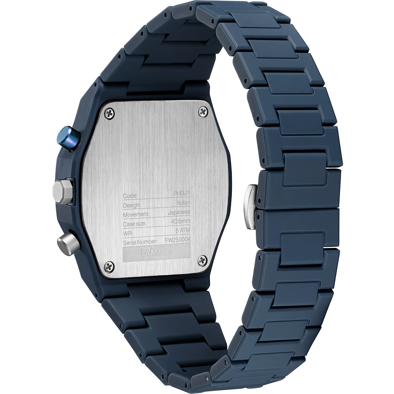 Rückansicht einer D1 Milano Herrenuhr aus blauem Polycarbonat mit einer silberfarbenen Gehäuseplatte.