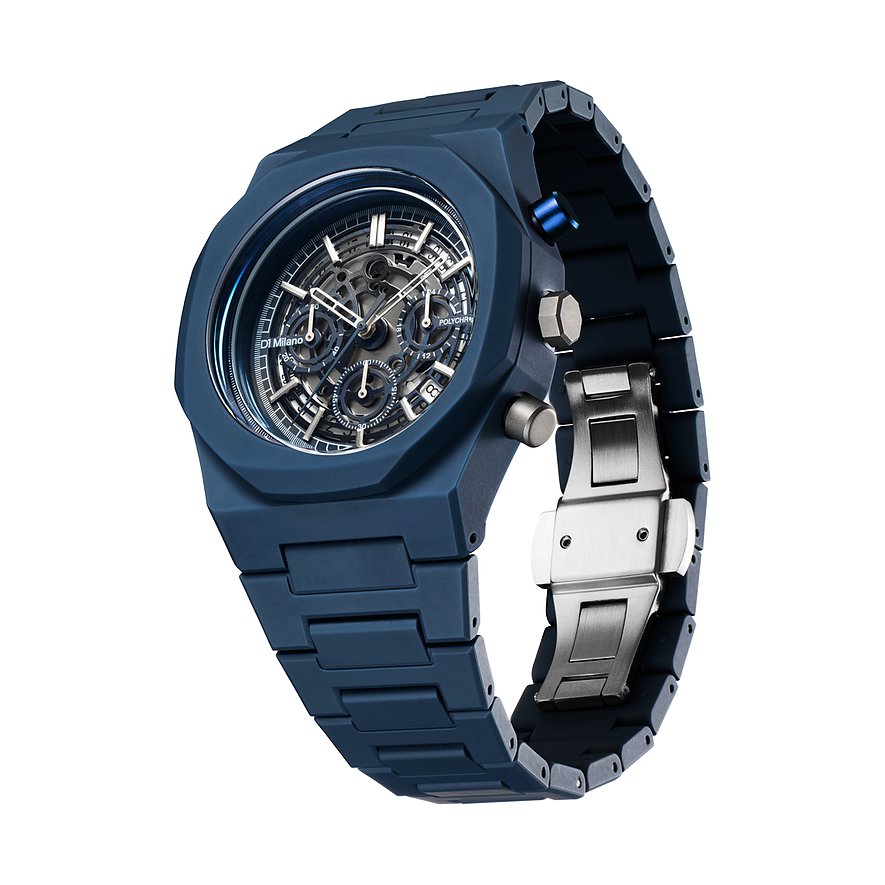 D1 Milano Herrenuhr aus blauem Polycarbonat mit Skelettzifferblatt und silberfarbenem Verschluss, im 3/4-Profil.