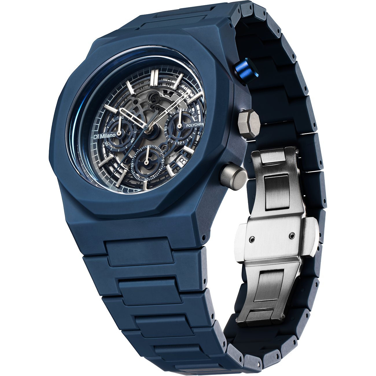 D1 Milano Herrenuhr aus blauem Polycarbonat mit Skelettzifferblatt und silberfarbenem Verschluss, im 3/4-Profil.