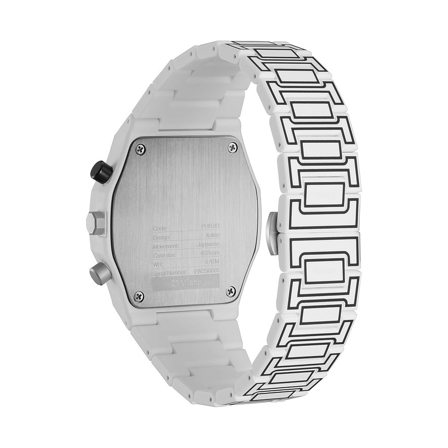 Rückseite einer D1 Milano Herrenuhr aus weißem Polycarbonat mit eingravierten Produktdetails.