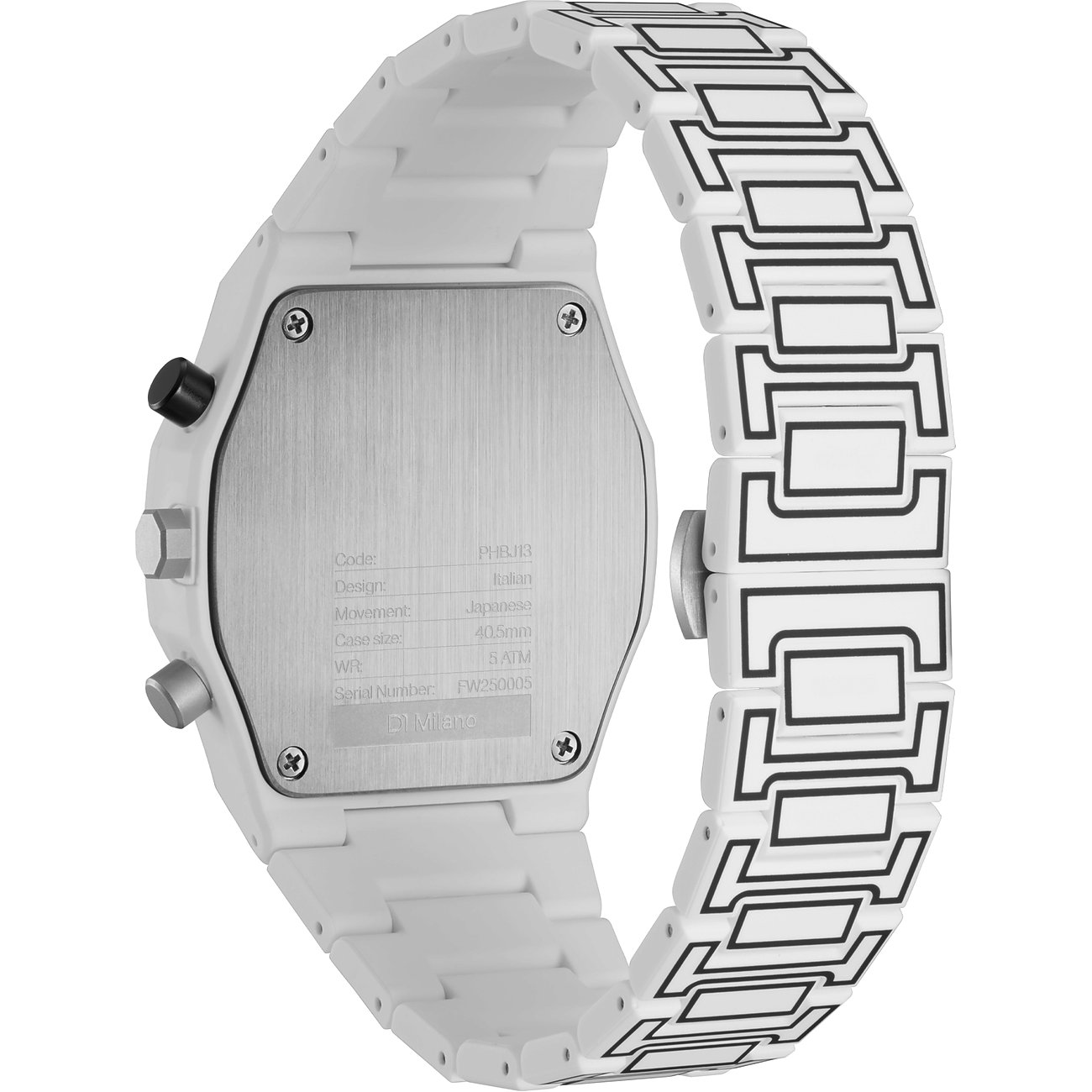 Rückseite einer D1 Milano Herrenuhr aus weißem Polycarbonat mit eingravierten Produktdetails.