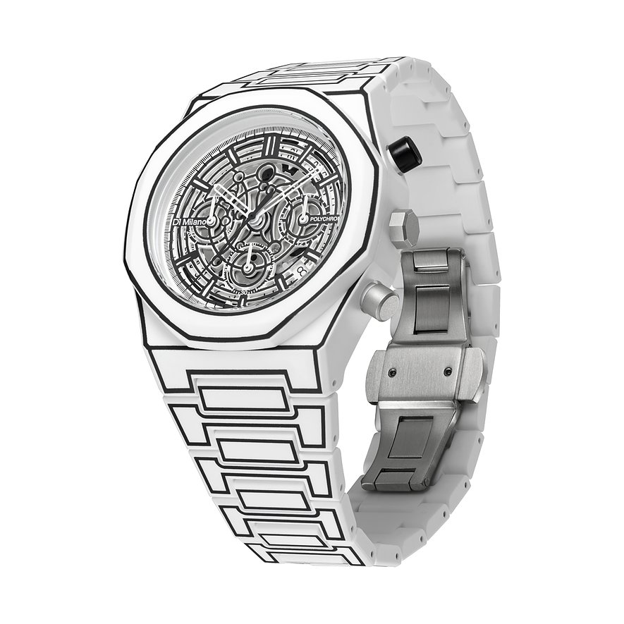 Eine D1 Milano Herrenuhr aus weissem Polycarbonat, deren cartoonhaftes Design durch schwarze Umrisse betont wird.