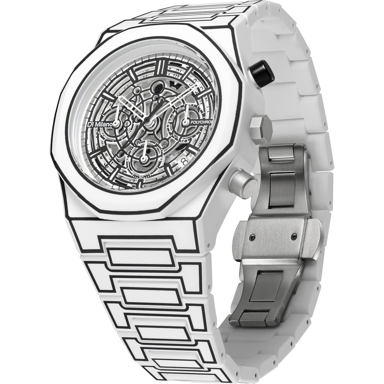 Eine D1 Milano Herrenuhr aus weissem Polycarbonat, deren cartoonhaftes Design durch schwarze Umrisse betont wird.