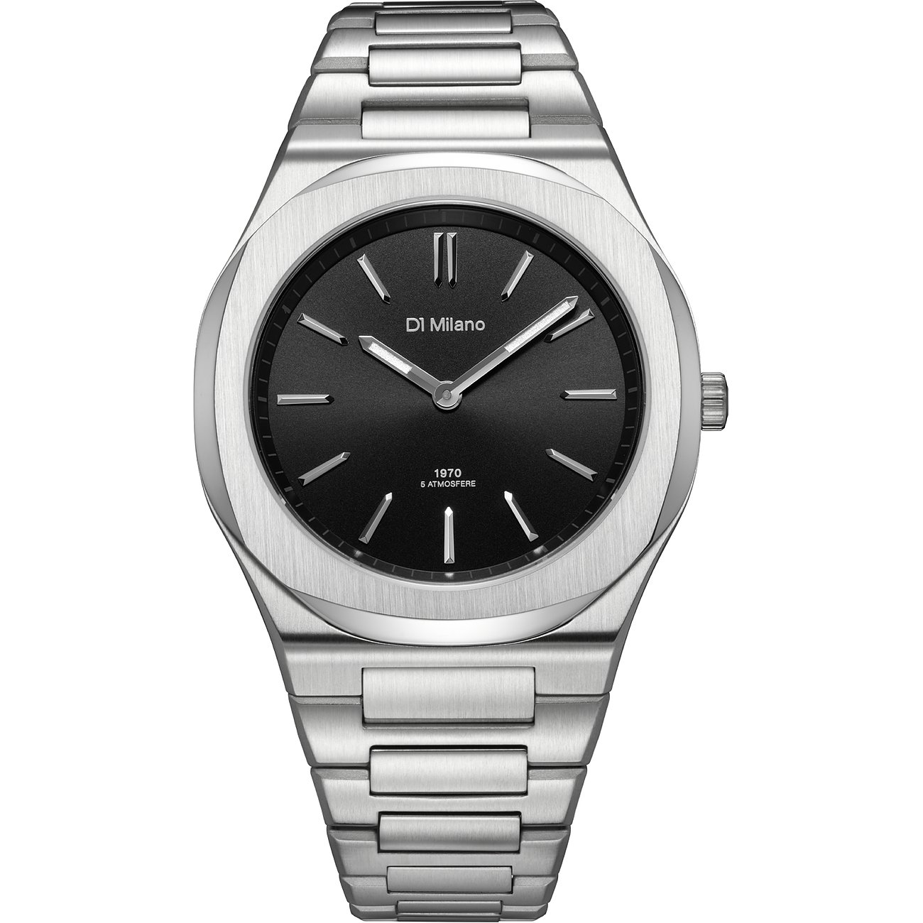 D1 Milano Herrenuhr aus Edelstahl mit rundem, schwarzem Zifferblatt und silberfarbenen Indizes.