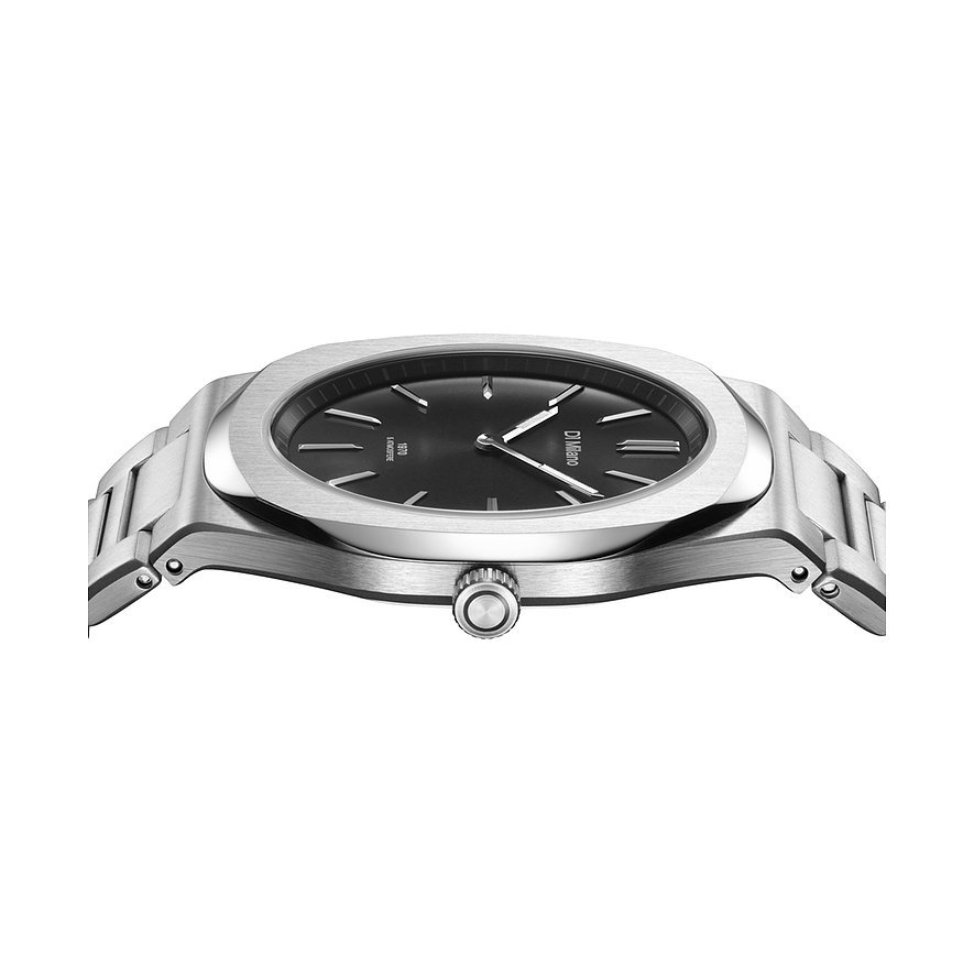 Die D1 Milano Herrenuhr aus Edelstahl aus der Vogelperspektive zeigt das schwarze Zifferblatt und das Uhrengehäuse.