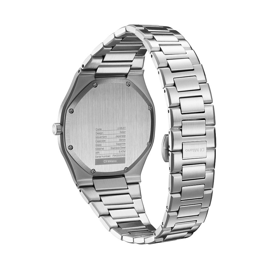 Rückansicht der D1 Milano Herrenuhr aus silberfarbenem Edelstahl mit eingravierter Seriennummer.