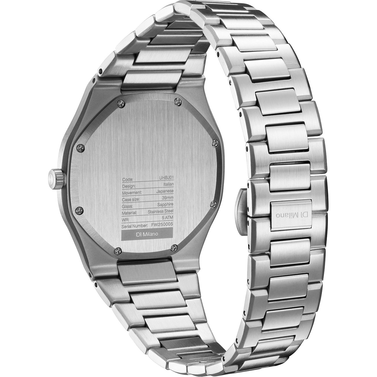 Rückansicht der D1 Milano Herrenuhr aus silberfarbenem Edelstahl mit eingravierter Seriennummer.