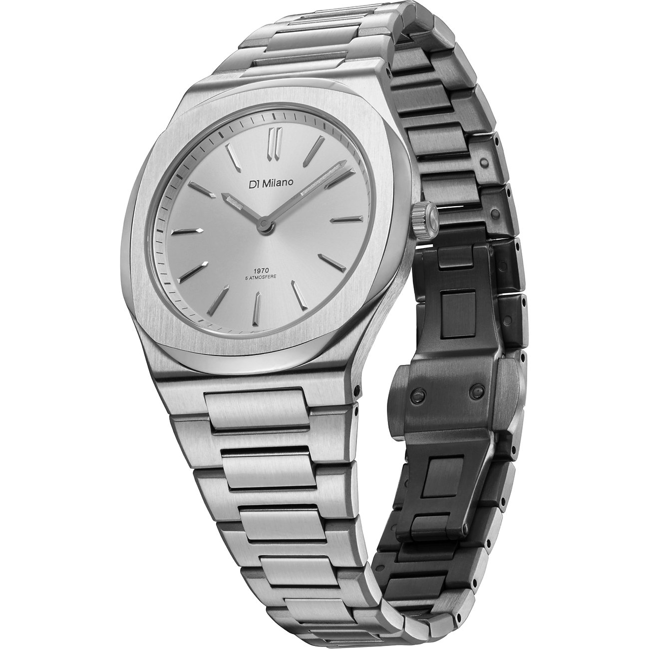 D1 Milano dameshorloge met zilverkleurige wijzerplaat en glanzende edelstalen band, licht schuin van bovenaf afgebeeld.