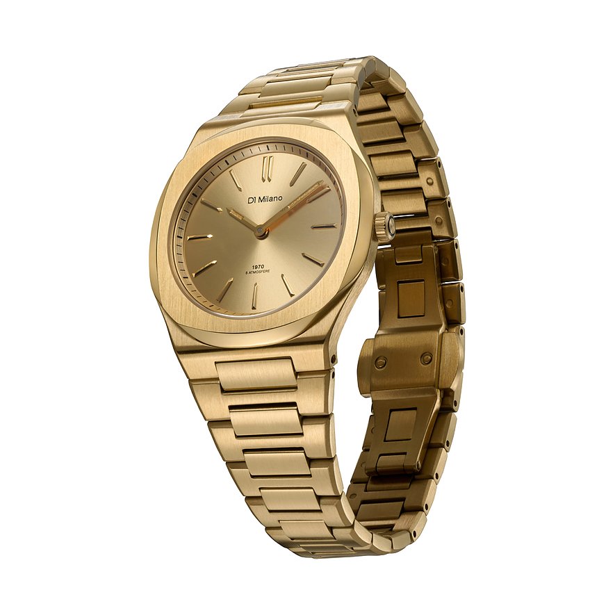 Et gyldent D1 Milano dameur i rustfrit stål med en glat, guldfarvet urskive og matchende armbånd.