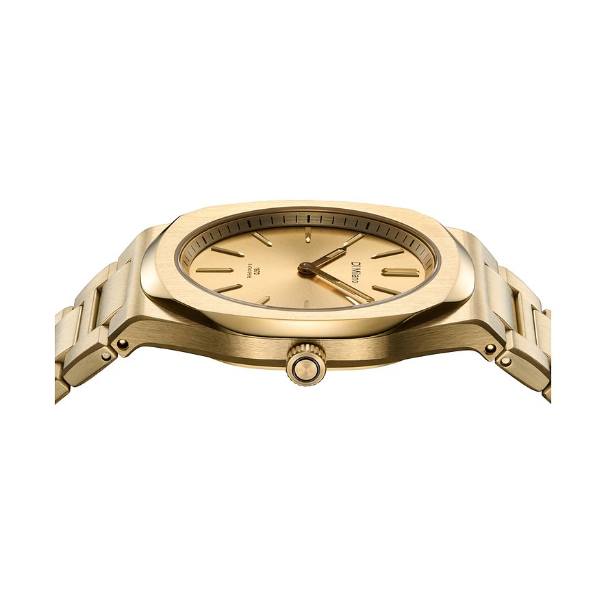 Nærbillede af et gyldent D1 Milano dameur i rustfrit stål fra siden, kronen er synlig.