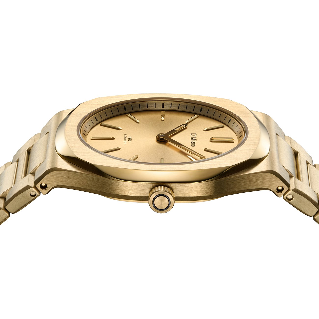 Nærbillede af et gyldent D1 Milano dameur i rustfrit stål fra siden, kronen er synlig.