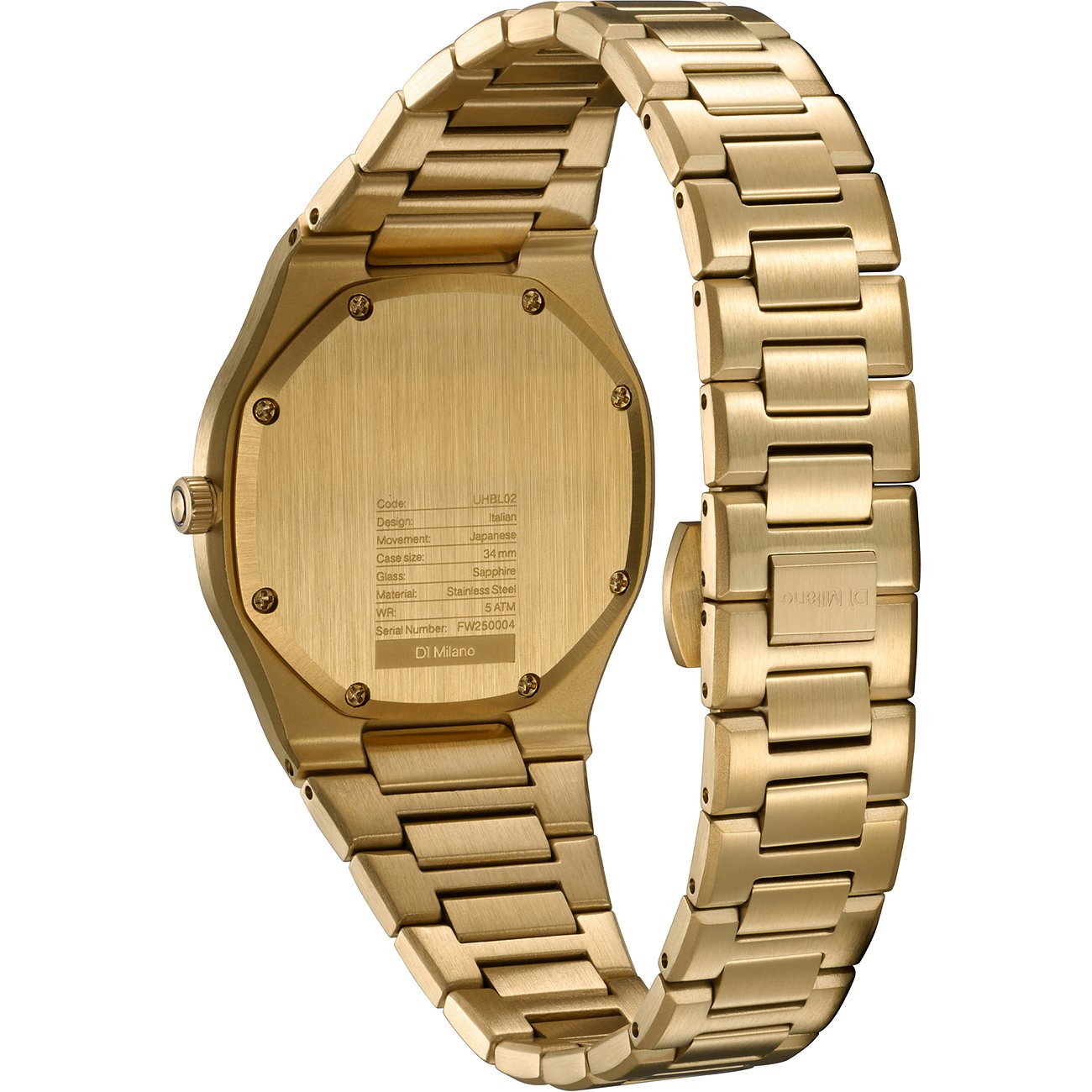 Bagside af guld D1 Milano dameur i rustfrit stål med graveret urkassebagside og ledrem.
