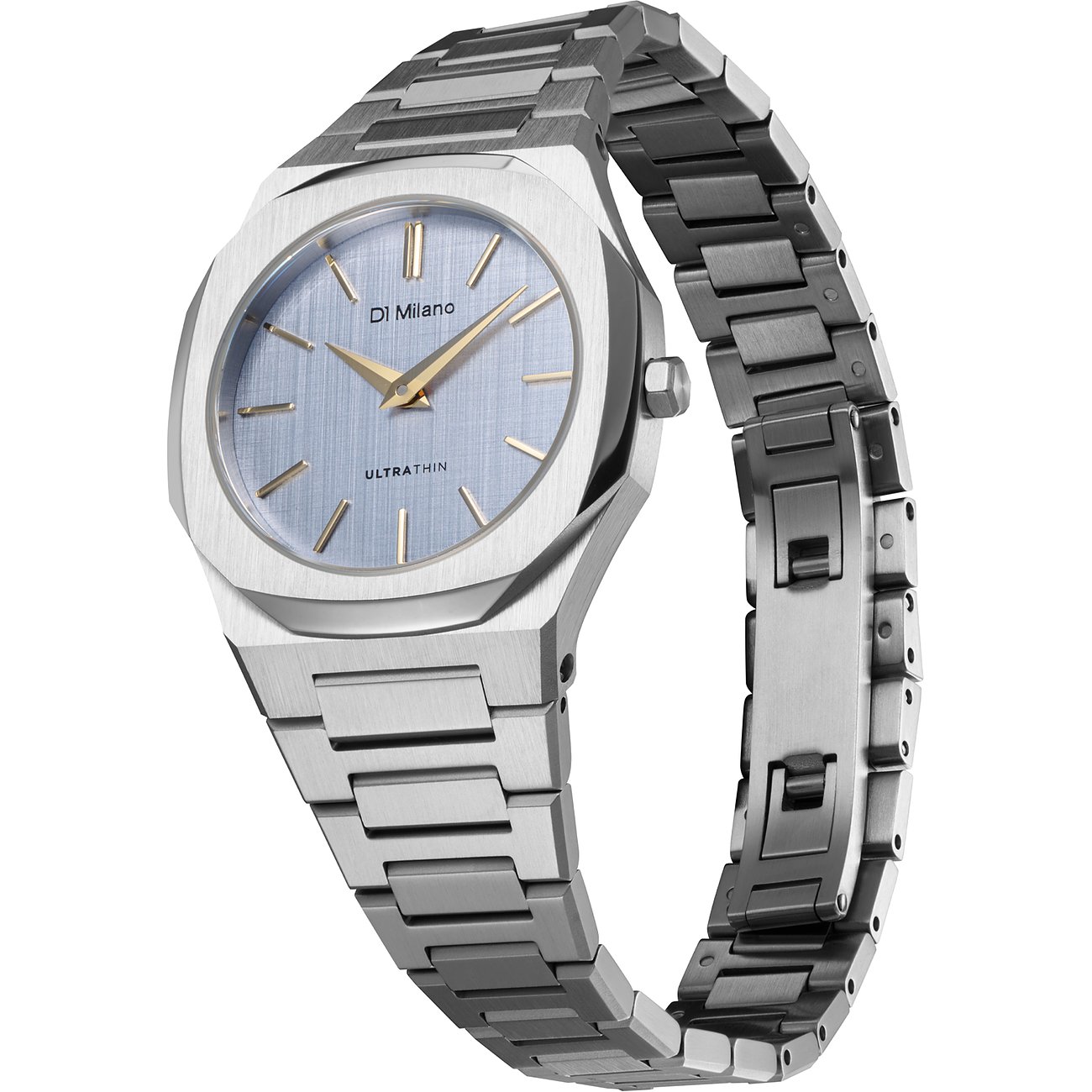 Orologio donna D1 Milano in acciaio inox con quadrante azzurro e lancette dorate, visto dall'alto a sinistra.