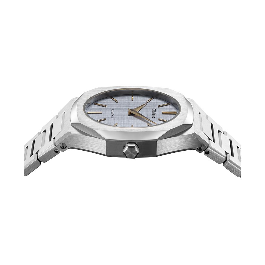 Orologio da donna D1 Milano con cassa e bracciale in acciaio inossidabile color argento, visibile obliquamente dall'alto.