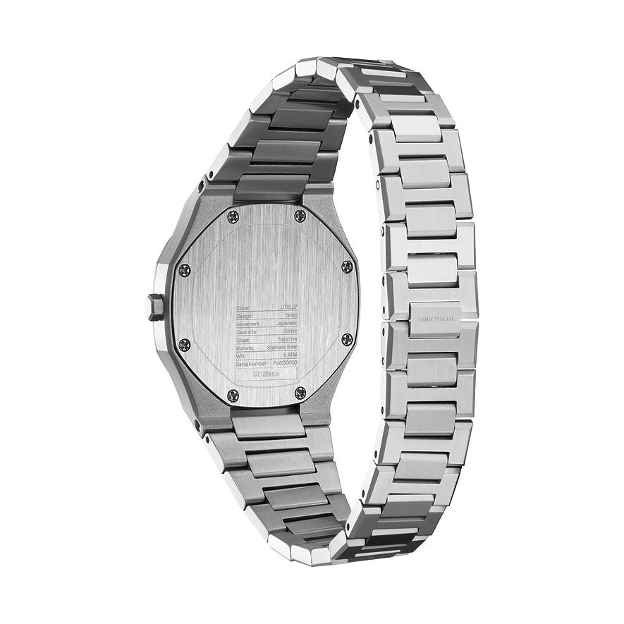 Retro di un orologio da donna D1 Milano in acciaio inossidabile con fondello a vite e incisione dettagliata.