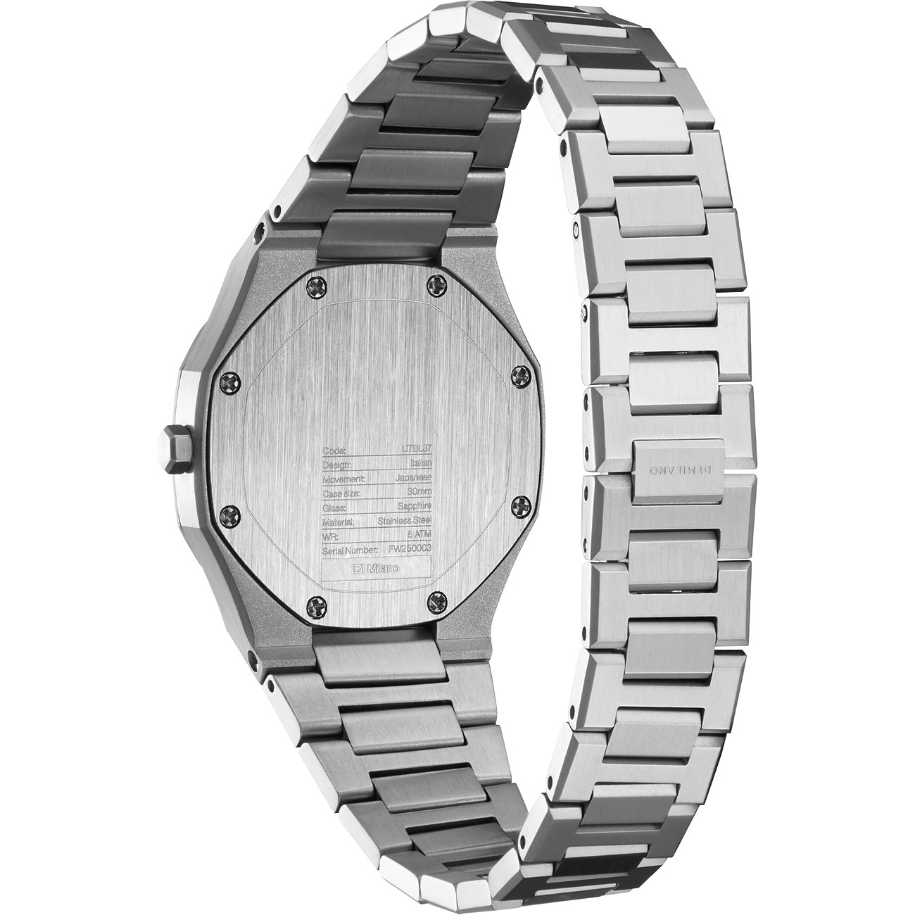 Retro di un orologio da donna D1 Milano in acciaio inossidabile con fondello a vite e incisione dettagliata.