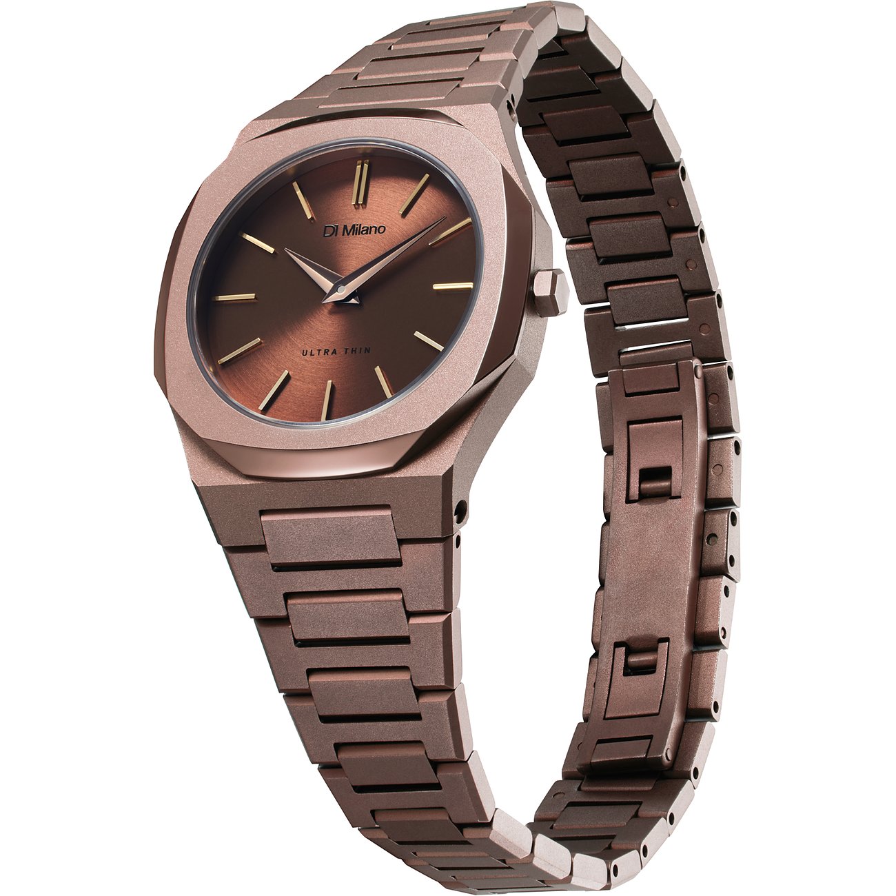D1 Milano Damenuhr aus braunem Edelstahl mit passendem Zifferblatt und goldenen Indizes, schräg von oben aufgenommen.