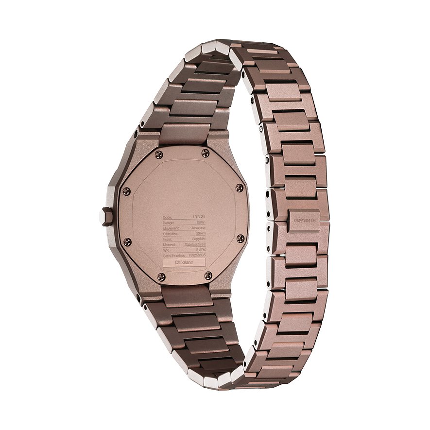 Rückansicht einer D1 Milano Damenuhr aus dunkelbraunem Edelstahl mit gravierter Gehäuserückseite.