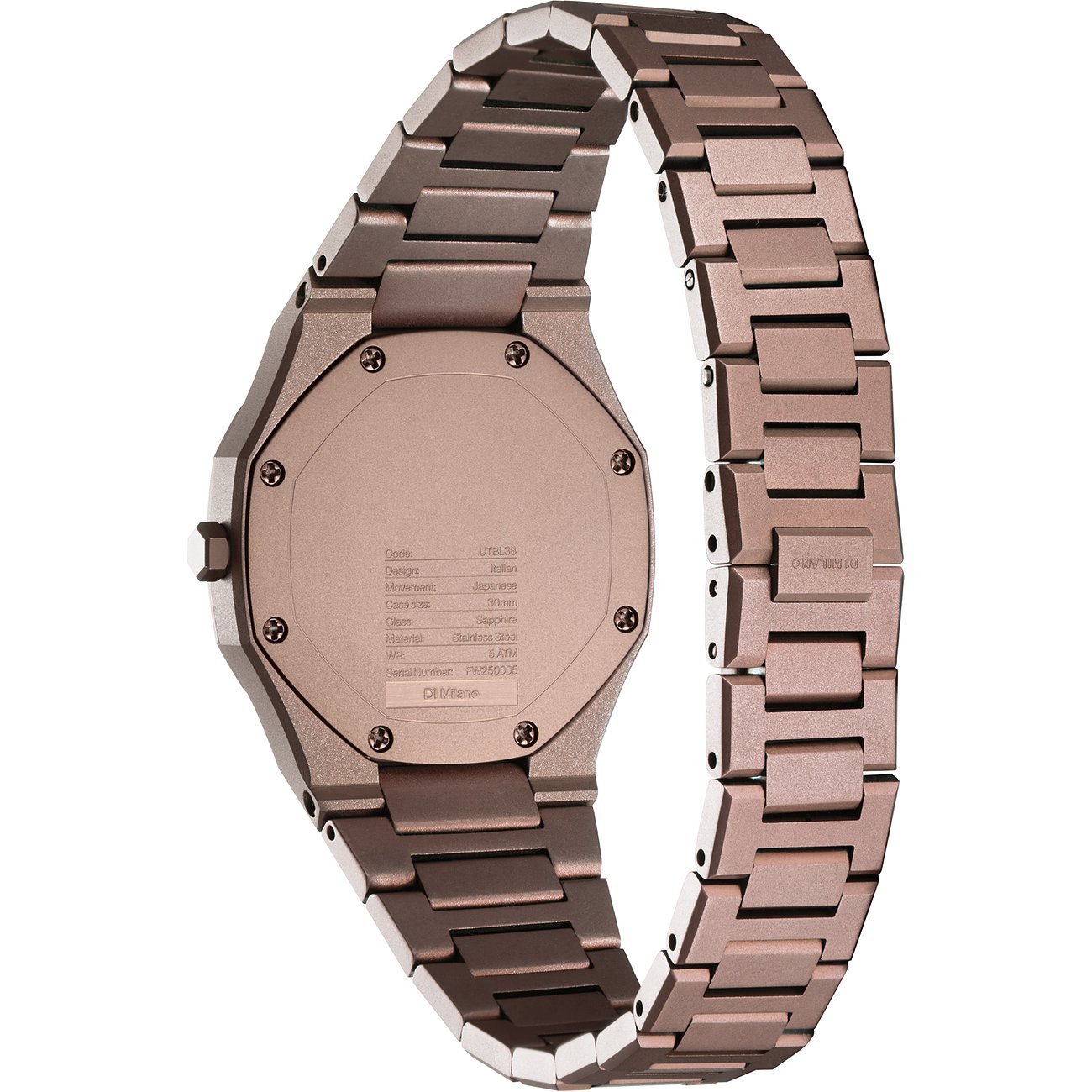 Rückansicht einer D1 Milano Damenuhr aus dunkelbraunem Edelstahl mit gravierter Gehäuserückseite.