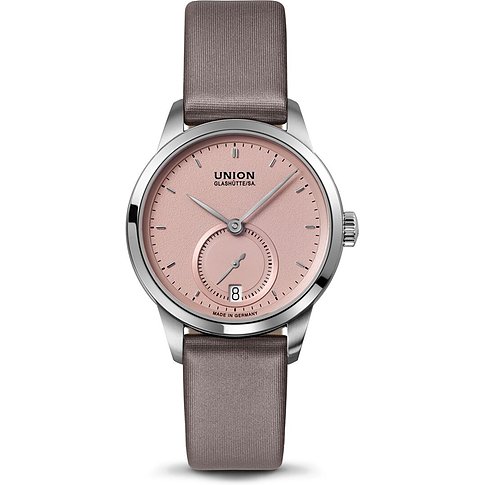 Union Glashütte Damenuhr aus Edelstahl mit rosafarbenem Zifferblatt und taupefarbenem Textilarmband.