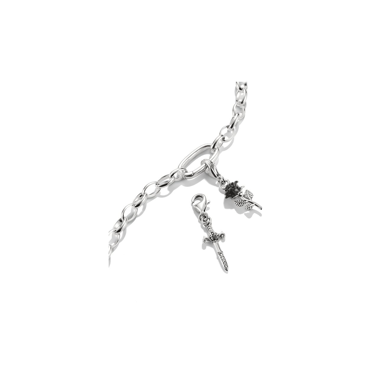 Charm pendente Thomas Sabo a forma di spada, argento 925 scuro, zirconi e motivo rosa.
