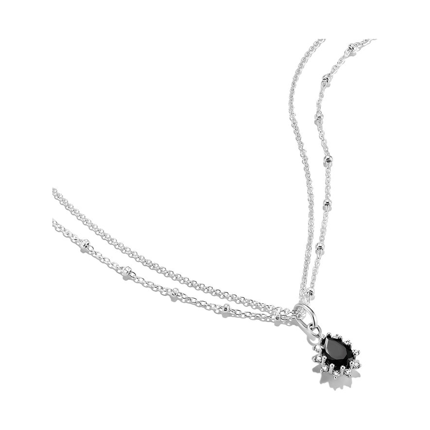 Thomas Sabo Halsschmuck aus 925er Silber mit zwei Ketten und einem tropfenförmigen schwarzen Zirkonia-Anhänger.