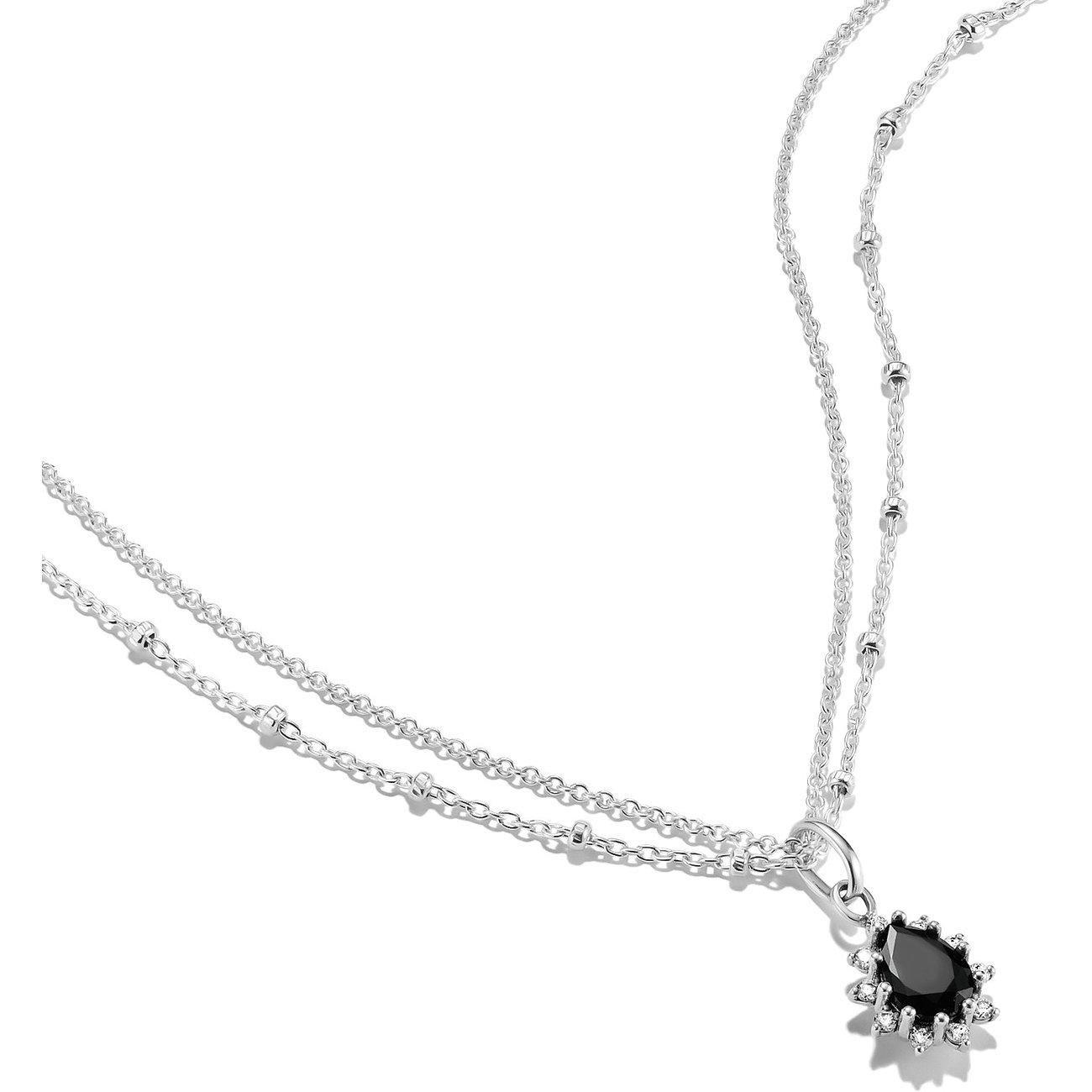 Thomas Sabo Halsschmuck aus 925er Silber mit zwei Ketten und einem tropfenförmigen schwarzen Zirkonia-Anhänger.