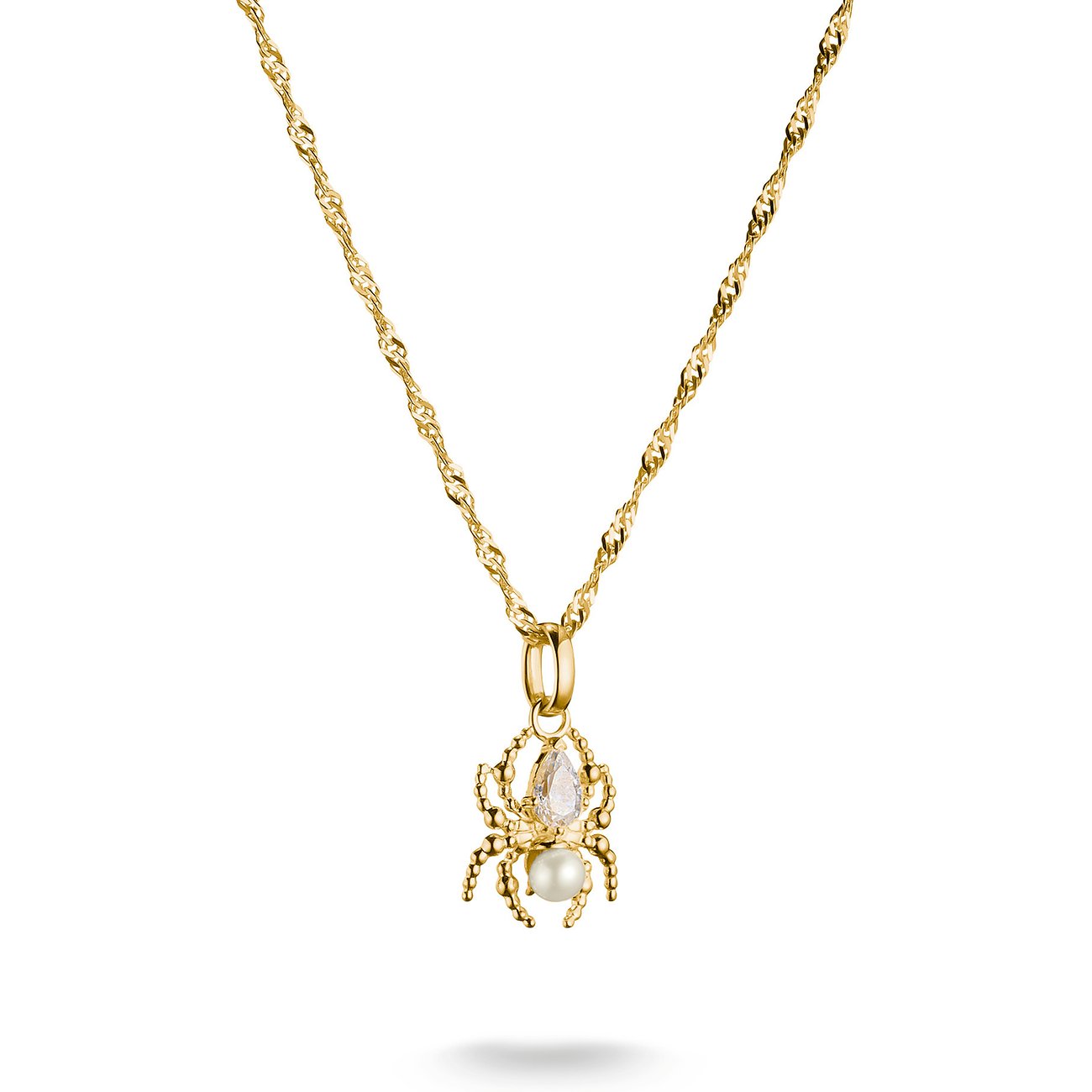 Thomas Sabo Halskette aus goldfarbenem Silber mit detailliertem Spinnenanhänger, klarem Zirkonia und schimmernder Perle.