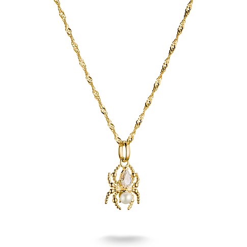 Thomas Sabo Halskette aus goldfarbenem Silber mit detailliertem Spinnenanhänger, klarem Zirkonia und schimmernder Perle.