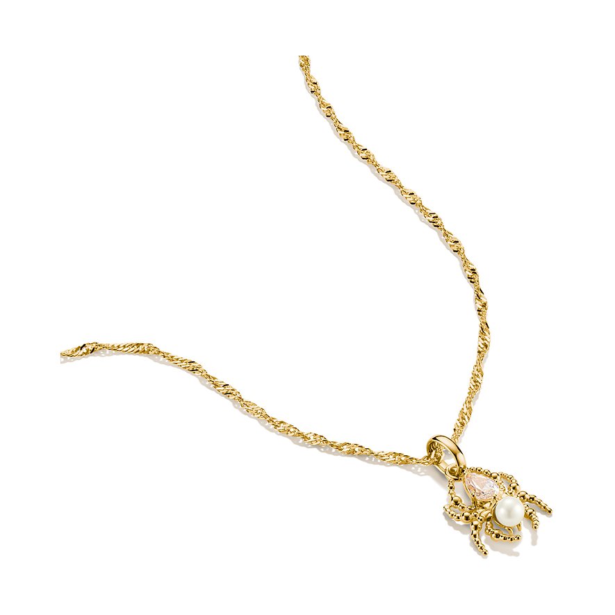 Thomas Sabo Halsschmuck aus goldfarbenem Silber mit einem Spinnenanhänger und rosafarbenem Zirkonia und einer Perle.