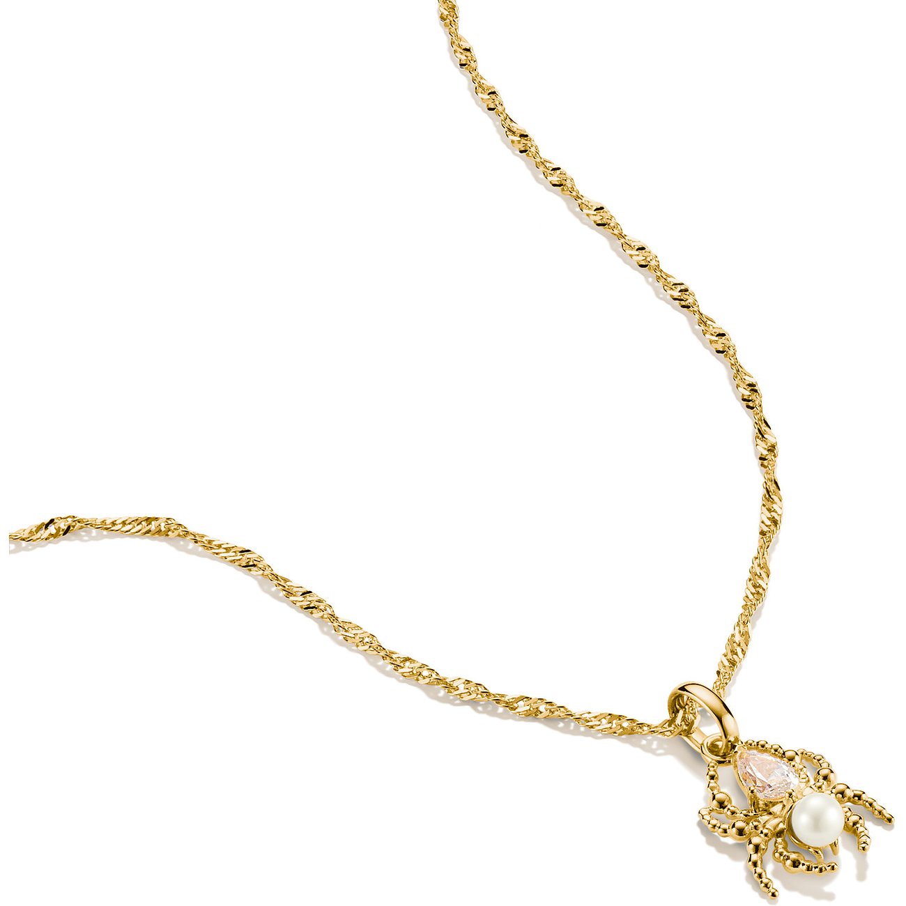 Thomas Sabo Halsschmuck aus goldfarbenem Silber mit einem Spinnenanhänger und rosafarbenem Zirkonia und einer Perle.