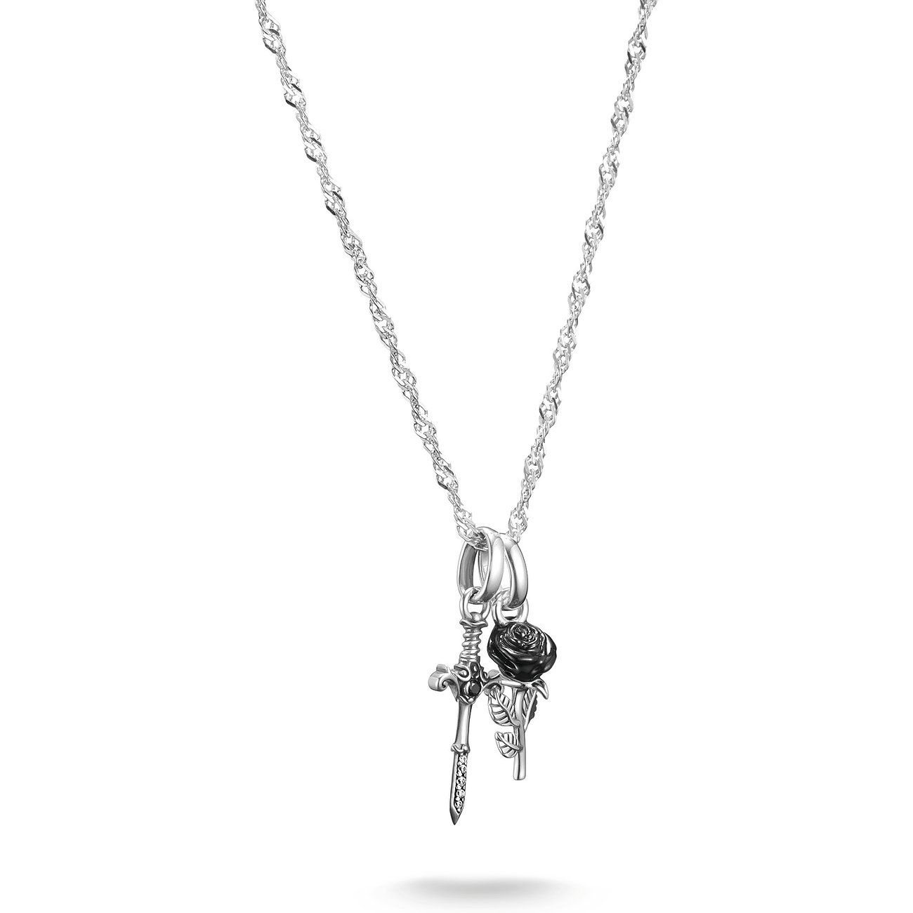 Thomas Sabo Silberkette, oben an zwei Ringen befestigt. Ein silbernes Schwert und eine schwarze Emaille-Rose hängen daran.