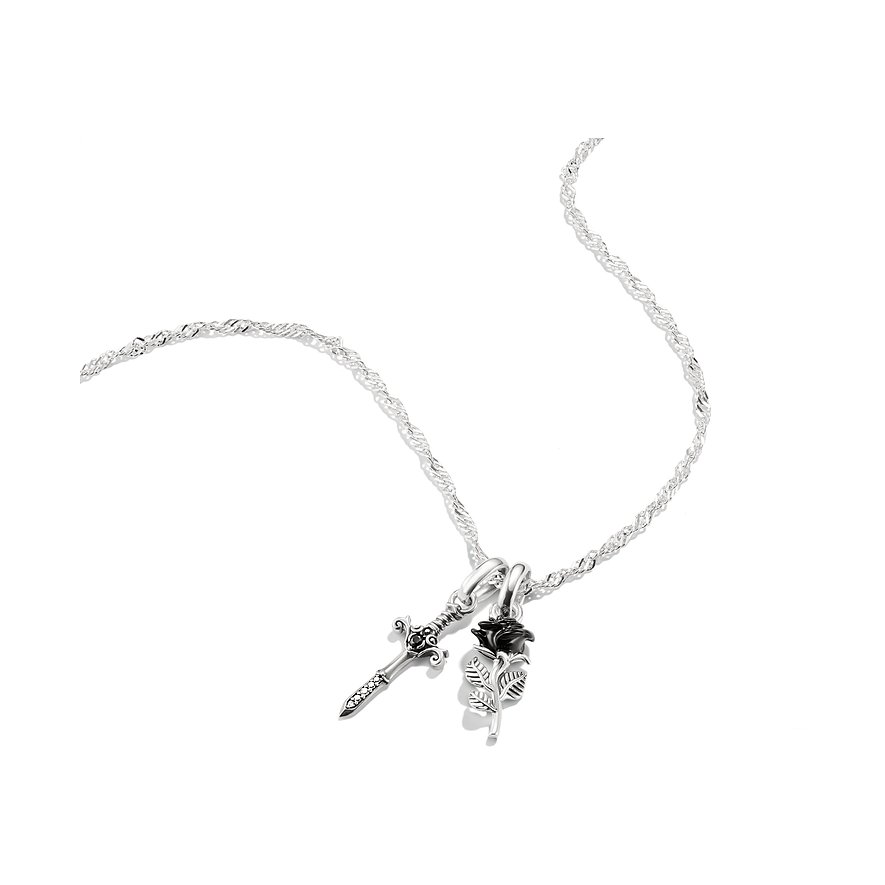Thomas Sabo Halsschmuck aus 925er Silber mit einem Schwert- und Rosenanhänger aus Emaille und Zirkonia.