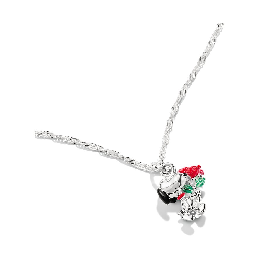 Thomas Sabo silverhalsband med ett Snoopy-hänge som håller en röd emaljerad rosbukett.