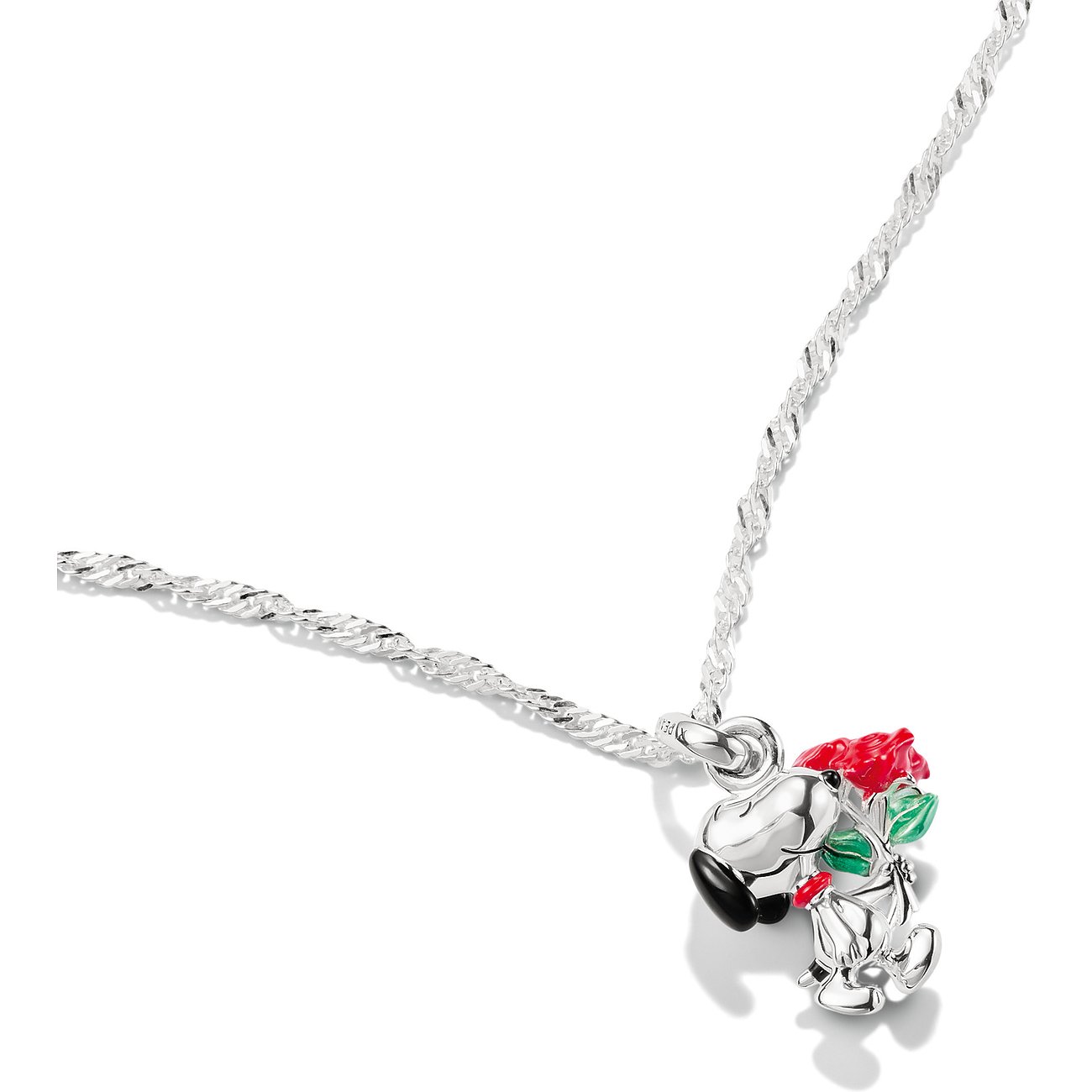 Thomas Sabo silverhalsband med ett Snoopy-hänge som håller en röd emaljerad rosbukett.