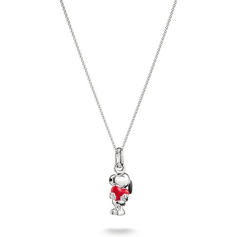 Thomas Sabo halsband med ett Snoopy-hänge i silver och emalj, hållandes ett rött hjärta.